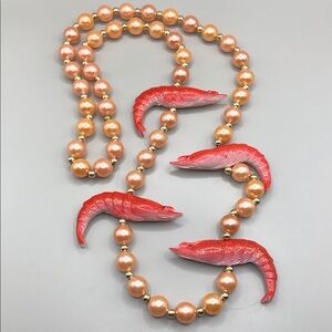 Vintage Mardi Gras Faux Pearl Shrimp Necklace Whimsy Fun Queen of Shrimps.